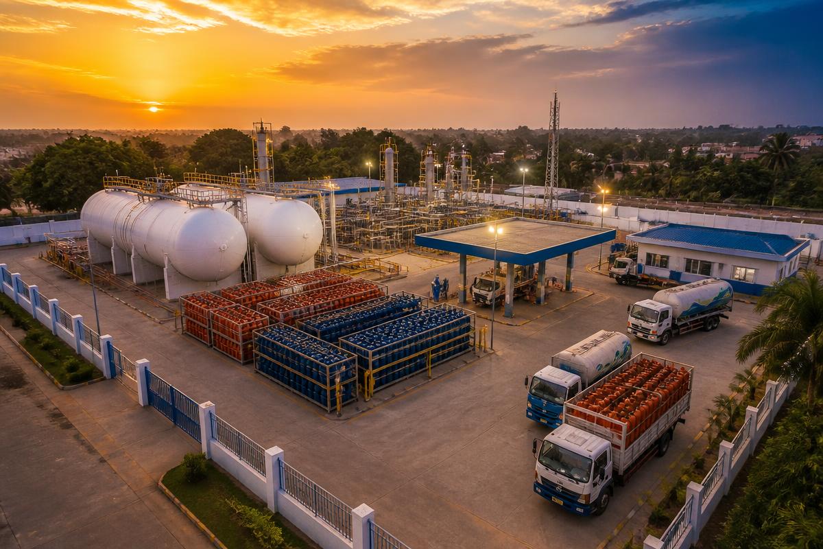 Modern LPG gas plant with storage tanks, cylinder racks and delivery trucks