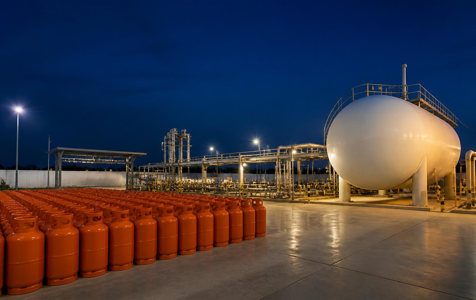 Oyejo Gas LPG plant storage tank and cooking gas cylinders at dusk